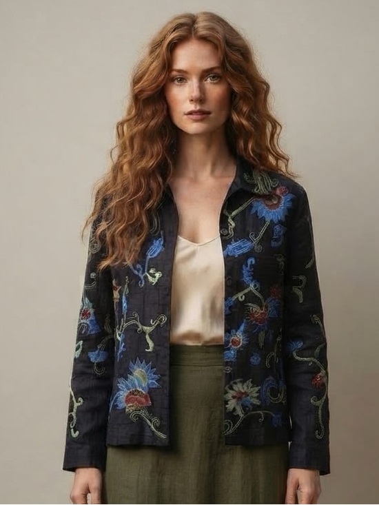 Laura Ashley Tops - Laura Ashley Vintage Black Silk Embroidered Floral Beaded Jacket Top Women's L
